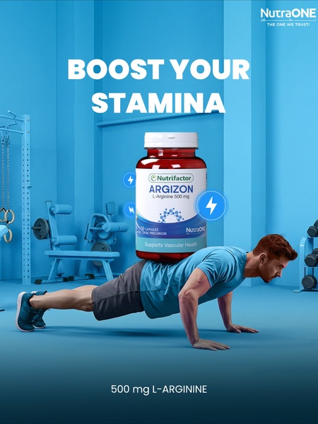 A high-contrast advertisement for L-Arginine featuring a person performing a plank exercise with the product floating above them, emphasizing physical performance and stamina.